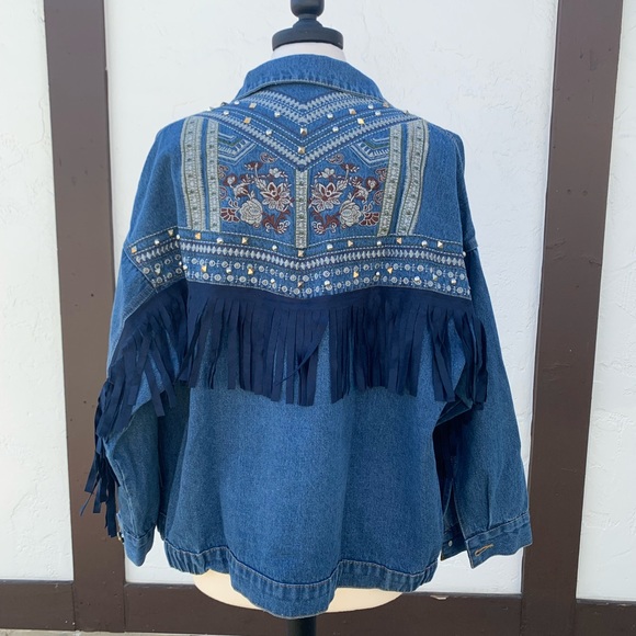 New Bohemian Western Fringe Detailed Embroidered Oversized Denim Jean Jacket - Picture 7 of 12